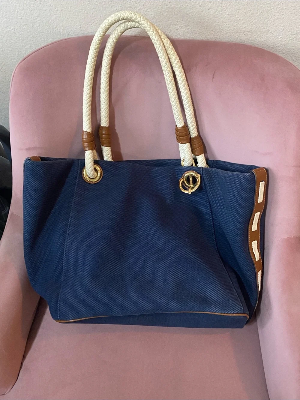 Michael Kors Navy Canvas Tote with Cream Rope Handles and Gold Hardware